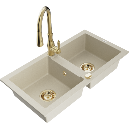 Mexen Mario zlewozmywak granitowy 2-komorowy z baterią kuchenną Savita, beżowy - 6504-69-672601-50