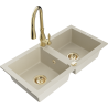 Mexen Mario zlewozmywak granitowy 2-komorowy z baterią kuchenną Savita, beżowy - 6504-69-672601-50