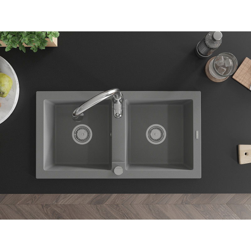 Mexen Mario zlewozmywak granitowy 2-komorowy z baterią kuchenną Savita, szary - 6504-71-672601-00