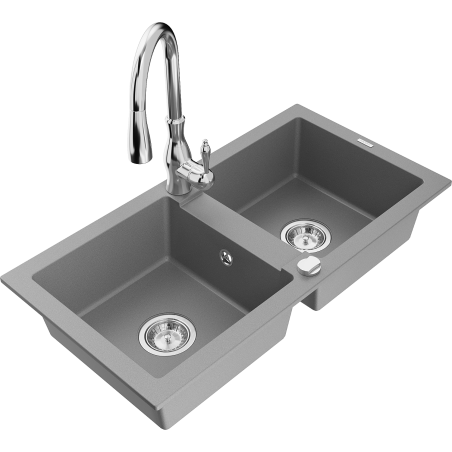 Mexen Mario zlewozmywak granitowy 2-komorowy z baterią kuchenną Savita, szary - 6504-71-672601-00