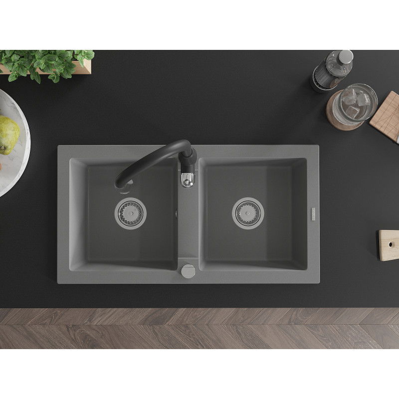 Mexen Mario zlewozmywak granitowy 2-komorowy z baterią kuchenną Savita, szary - 6504-71-672601-70