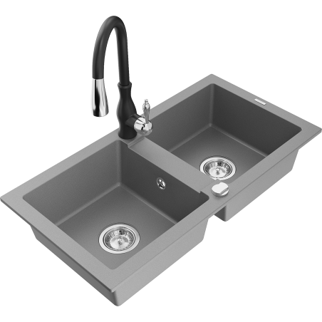 Mexen Mario zlewozmywak granitowy 2-komorowy z baterią kuchenną Savita, szary - 6504-71-672601-70