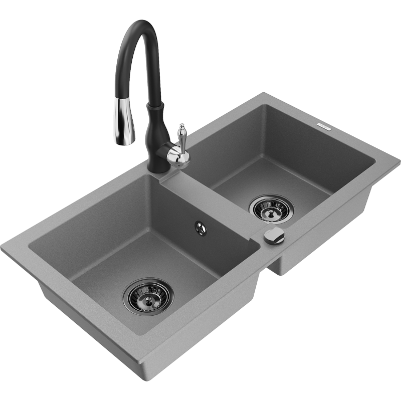 Mexen Mario zlewozmywak granitowy 2-komorowy z baterią kuchenną Savita, szary - 6504-71-672601-70-B