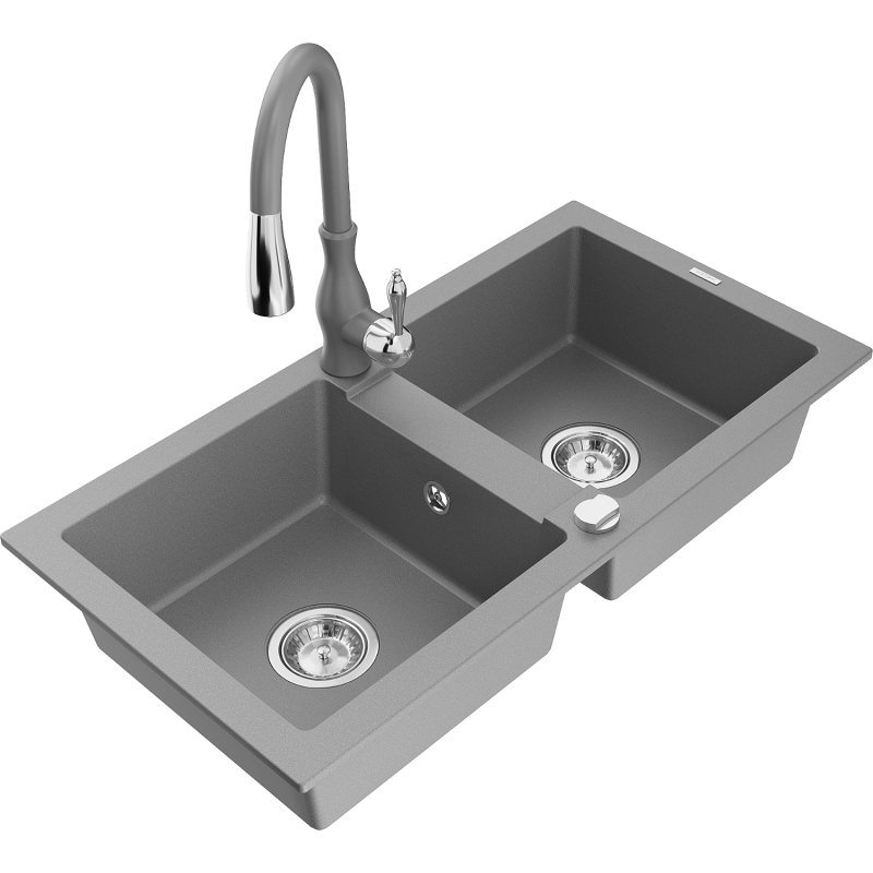 Mexen Mario zlewozmywak granitowy 2-komorowy z baterią kuchenną Savita, szary - 6504-71-672601-71