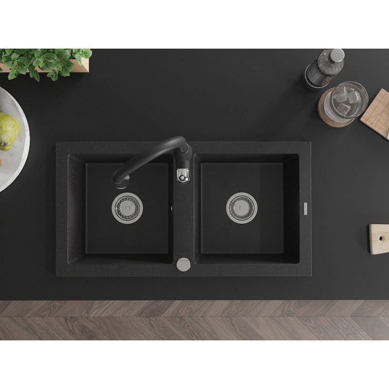 Mexen Mario zlewozmywak granitowy 2-komorowy z baterią kuchenną Savita, czarny/srebrny metalik - 6504-73-672601-70