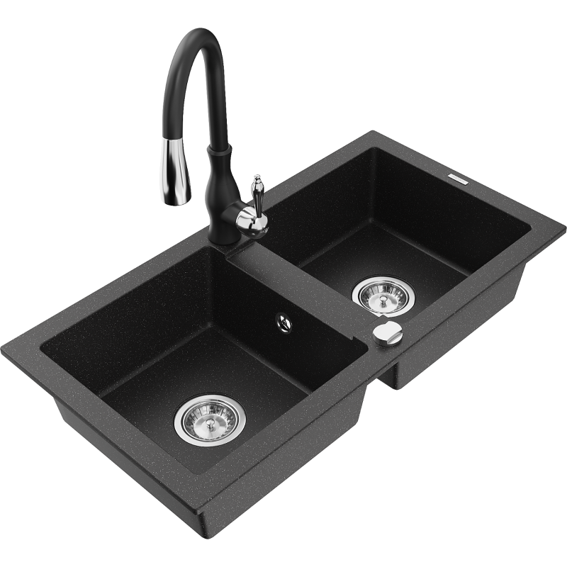 Mexen Mario zlewozmywak granitowy 2-komorowy z baterią kuchenną Savita, czarny/srebrny metalik - 6504-73-672601-70