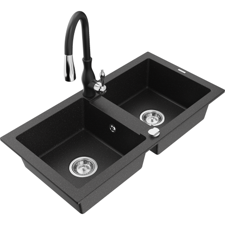 Mexen Mario zlewozmywak granitowy 2-komorowy z baterią kuchenną Savita, czarny/srebrny metalik - 6504-73-672601-70