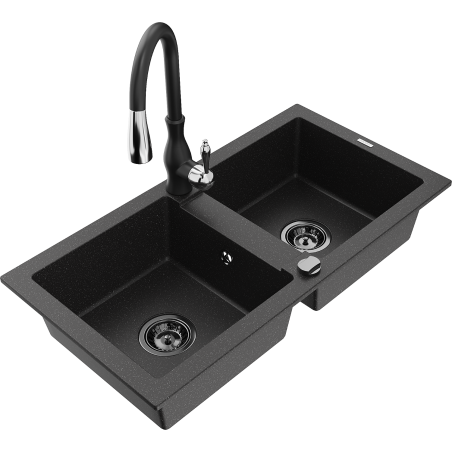 Mexen Mario zlewozmywak granitowy 2-komorowy z baterią kuchenną Savita, czarny/srebrny metalik - 6504-73-672601-70-B