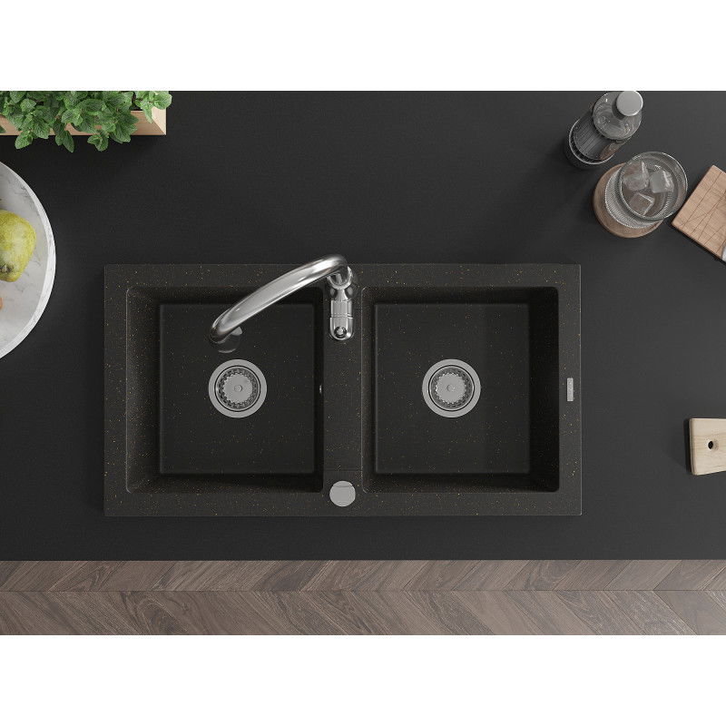 Mexen Mario zlewozmywak granitowy 2-komorowy z baterią kuchenną Savita, czarny/złoty metalik - 6504-75-672601-00