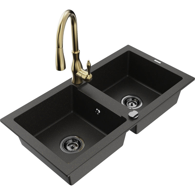 Mexen Mario zlewozmywak granitowy 2-komorowy z baterią kuchenną Savita, czarny/złoty metalik - 6504-75-672601-50-B