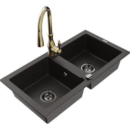 Mexen Mario zlewozmywak granitowy 2-komorowy z baterią kuchenną Savita, czarny/złoty metalik - 6504-75-672601-50-B