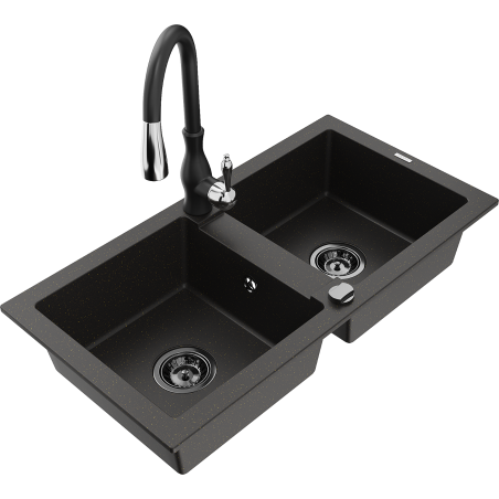 Mexen Mario zlewozmywak granitowy 2-komorowy z baterią kuchenną Savita, czarny/złoty metalik - 6504-75-672601-70-B