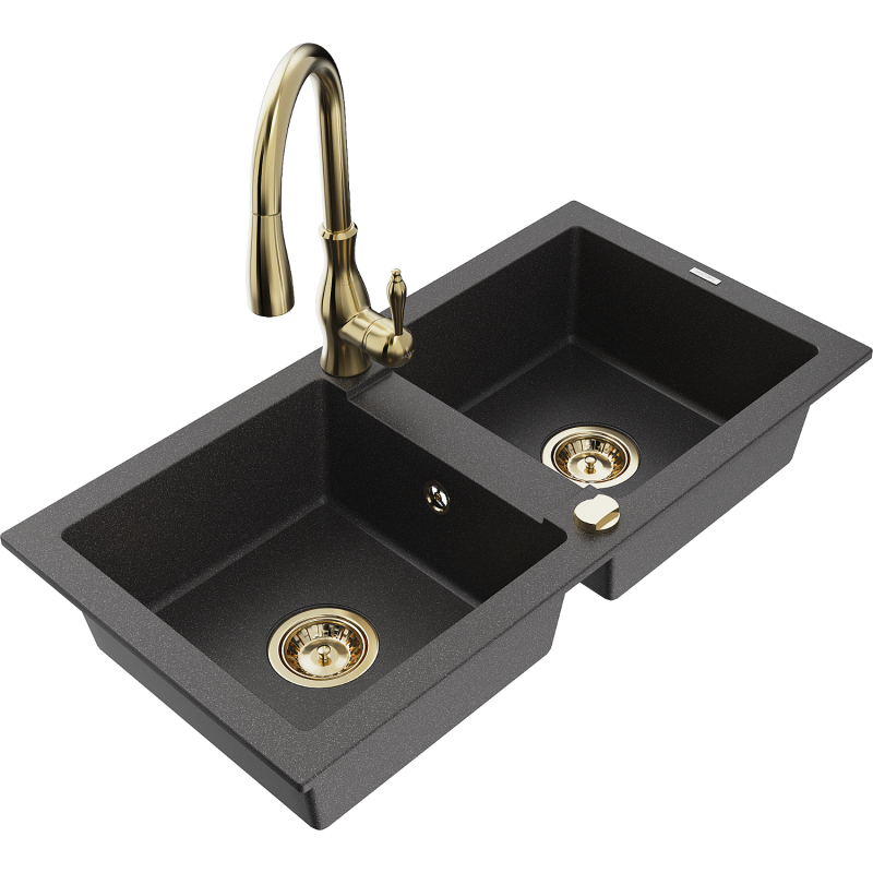 Mexen Mario zlewozmywak granitowy 2-komorowy z baterią kuchenną Savita, czarny nakrapiany - 6504-76-672601-50