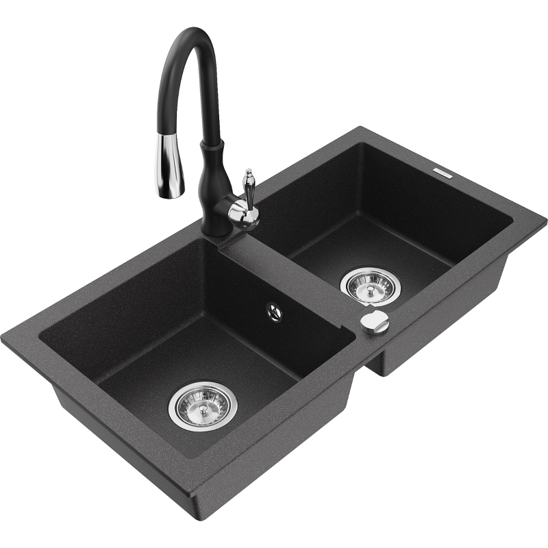 Mexen Mario zlewozmywak granitowy 2-komorowy z baterią kuchenną Savita, czarny nakrapiany - 6504-76-672601-70