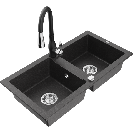Mexen Mario zlewozmywak granitowy 2-komorowy z baterią kuchenną Savita, czarny nakrapiany - 6504-76-672601-70