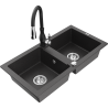 Mexen Mario zlewozmywak granitowy 2-komorowy z baterią kuchenną Savita, czarny nakrapiany - 6504-76-672601-70