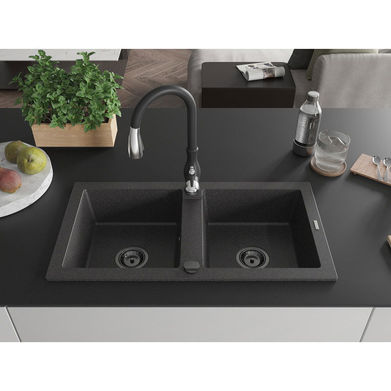 Mexen Mario zlewozmywak granitowy 2-komorowy z baterią kuchenną Savita, czarny nakrapiany - 6504-76-672601-70-B