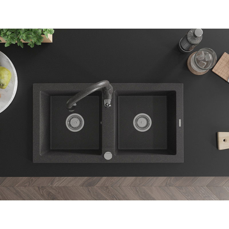 Mexen Mario zlewozmywak granitowy 2-komorowy z baterią kuchenną Savita, czarny nakrapiany - 6504-76-672601-76