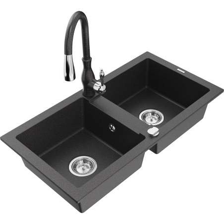 Mexen Mario zlewozmywak granitowy 2-komorowy z baterią kuchenną Savita, czarny nakrapiany - 6504-76-672601-76
