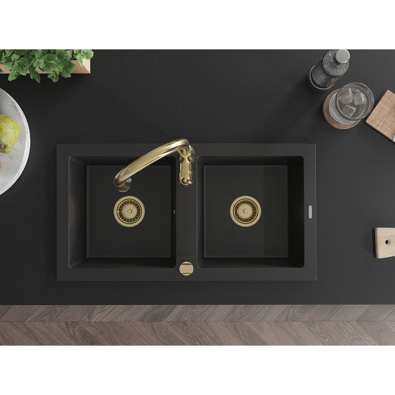 Mexen Mario zlewozmywak granitowy 2-komorowy z baterią kuchenną Savita, czarny - 6504-77-672601-50