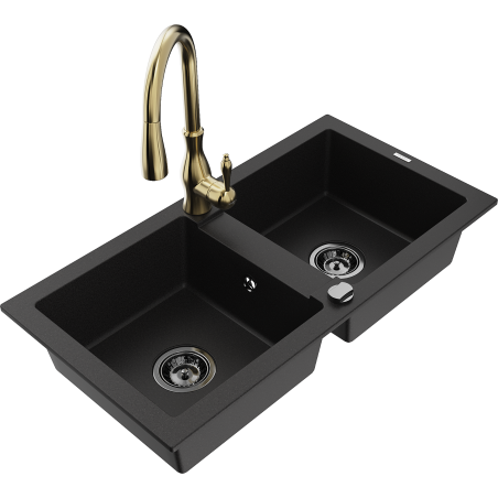 Mexen Mario zlewozmywak granitowy 2-komorowy z baterią kuchenną Savita, czarny - 6504-77-672601-50-B