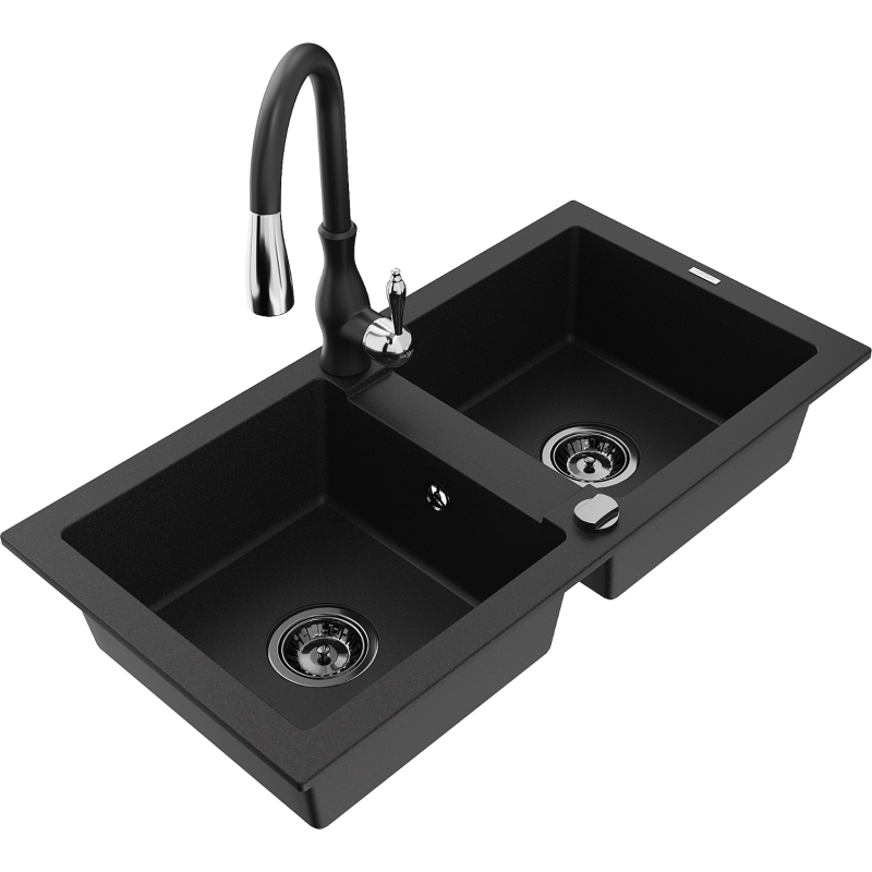 Mexen Mario zlewozmywak granitowy 2-komorowy z baterią kuchenną Savita, czarny - 6504-77-672601-70-B