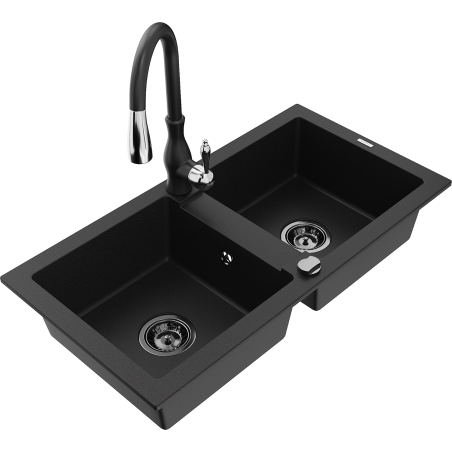 Mexen Mario zlewozmywak granitowy 2-komorowy z baterią kuchenną Savita, czarny - 6504-77-672601-70-B