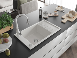 Mexen Elias zlewozmywak granitowy 1-komorowy z ociekaczem i baterią kuchenną Savita, biały - 6511-20-672601-20