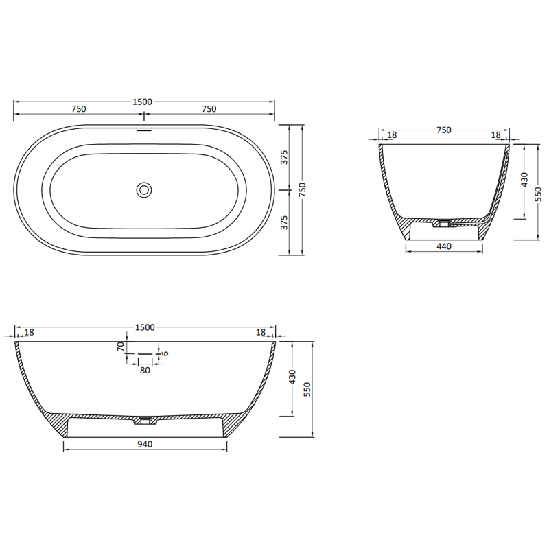 Mexen Rimini wanna wolnostojąca z konglomeratu 150 x 75 cm, biała mat - 57241507500