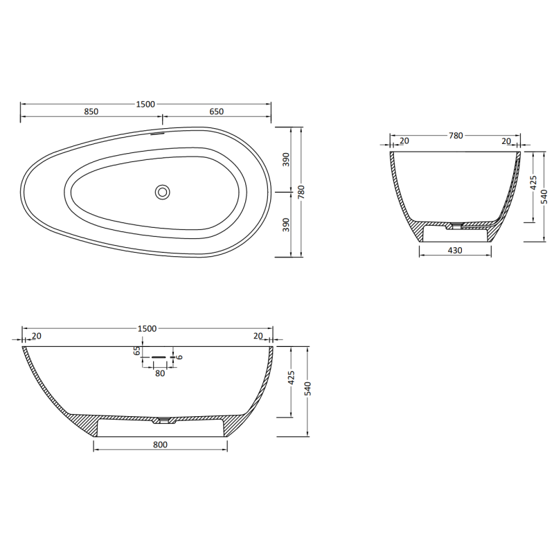 Mexen Palermo wanna wolnostojąca z konglomeratu 150 x 78 cm, biała mat - 57211507800