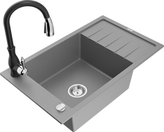 Mexen Elias zlewozmywak granitowy 1-komorowy z ociekaczem i baterią kuchenną Savita, szary - 6511-71-672601-70