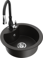 Mexen Diego zlewozmywak granitowy 1-komorowy z baterią kuchenną Savita, czarny/złoty metalik - 6512-75-672601-70
