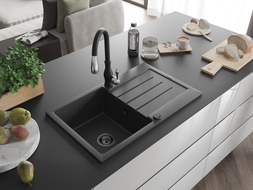 Mexen Bruno zlewozmywak granitowy 1-komorowy z ociekaczem i baterią kuchenną Savita, czarny nakrapiany - 6513-76-672601-70-B