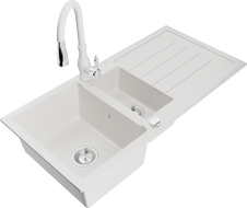 Mexen Andres zlewozmywak granitowy 1,5-komorowy z ociekaczem i baterią kuchenną Savita, biały - 6515-20-672601-20