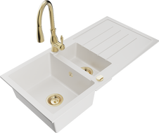 Mexen Andres zlewozmywak granitowy 1,5-komorowy z ociekaczem i baterią kuchenną Savita, biały - 6515-20-672601-50