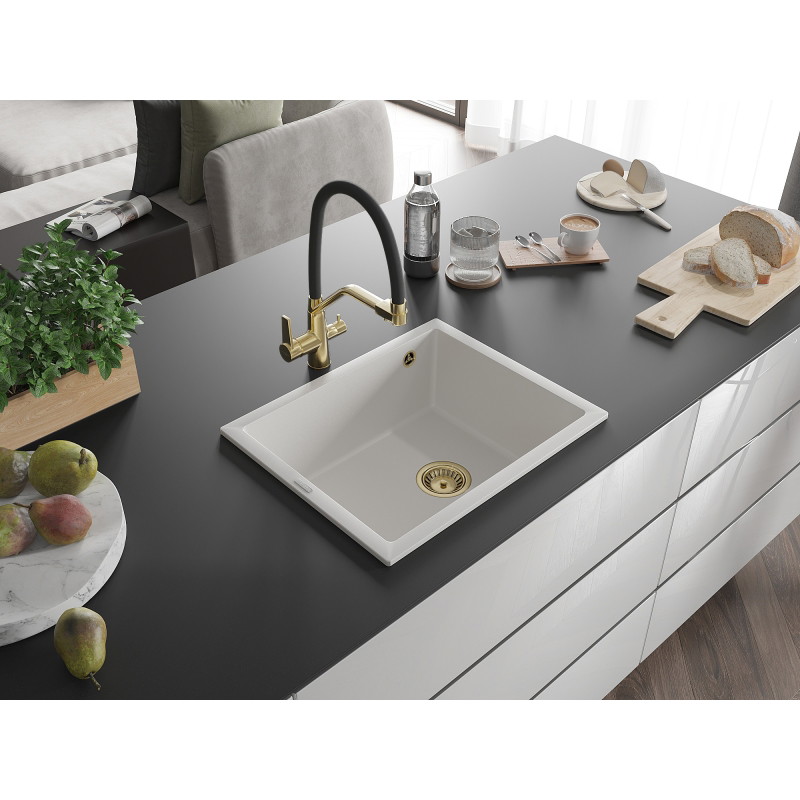 Mexen Pedro zlewozmywak granitowy 1-komorowy 560 x 460 mm, biały, syfon złoty - 6508561000-20-G