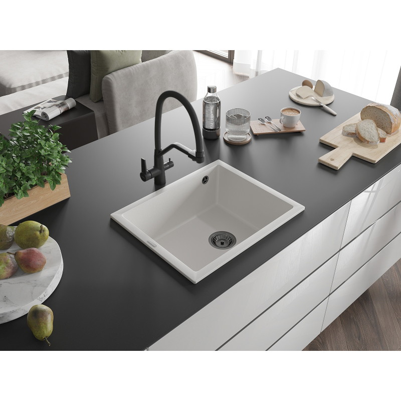 Mexen Pedro zlewozmywak granitowy 1-komorowy 560 x 460 mm, biały, syfon czarny - 6508561000-20-B