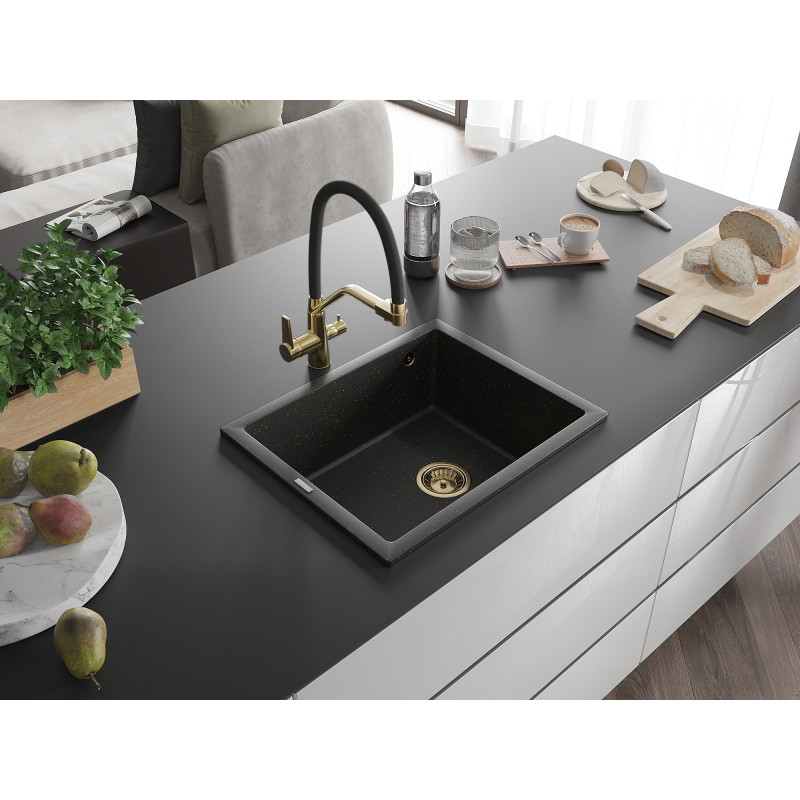 Mexen Pedro zlewozmywak granitowy 1-komorowy 560 x 460 mm, czarny/złoty metalik, syfon złoty - 6508561000-75-G