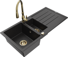 Mexen Andres zlewozmywak granitowy 1,5-komorowy z ociekaczem i baterią kuchenną Savita, czarny/srebrny - 6515-73-672601-50