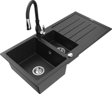 Mexen Andres zlewozmywak granitowy 1,5-komorowy z ociekaczem i baterią kuchenną Savita, czarny/srebrny - 6515-73-672601-70