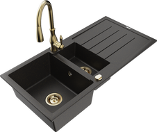 Mexen Andres zlewozmywak granitowy 1,5-komorowy z ociekaczem i baterią kuchenną Savita, czarny/złoty metalik- 6515-75-672601-50