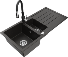 Mexen Andres zlewozmywak granitowy 1,5-komorowy z ociekaczem i baterią kuchenną Savita, czarny/złoty metalik - 6515-75-672601-70