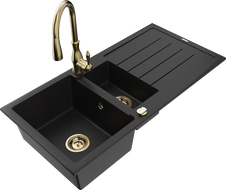 Mexen Andres zlewozmywak granitowy 1,5-komorowy z ociekaczem i baterią kuchenną Savita, czarny - 6515-77-672601-50