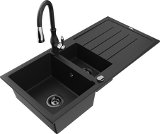 Mexen Andres zlewozmywak granitowy 1,5-komorowy z ociekaczem i baterią kuchenną Savita, czarny - 6515-77-672601-70-B