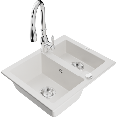 Mexen Carlos zlewozmywak granitowy 1,5-komorowy z baterią kuchenną Savita, biały - 6518-20-672601-00