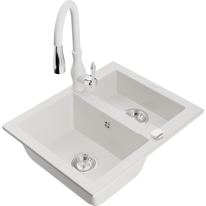 Mexen Carlos zlewozmywak granitowy 1,5-komorowy z baterią kuchenną Savita, biały - 6518-20-672601-20