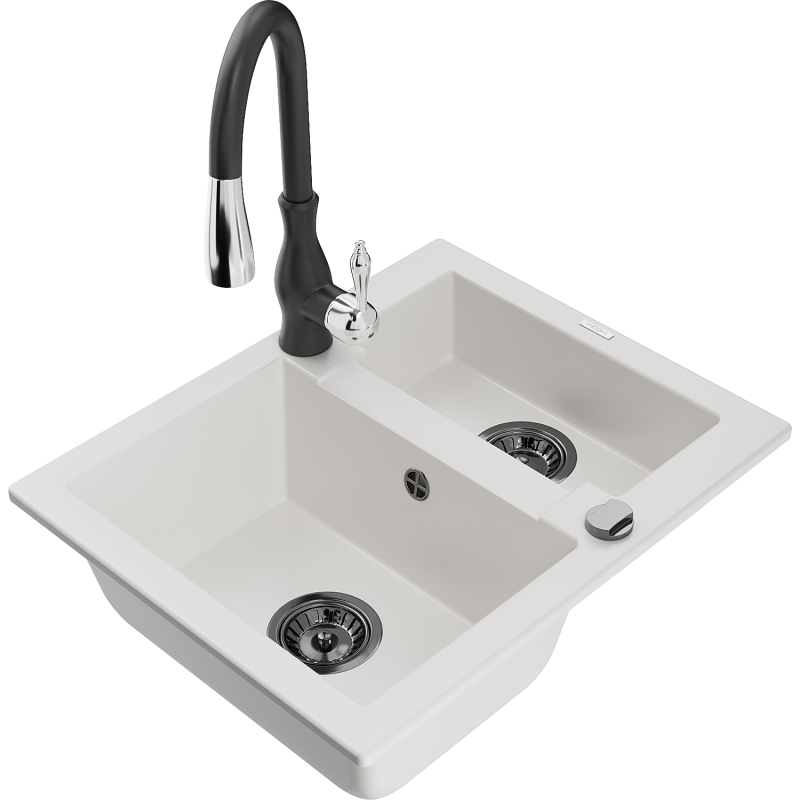 Mexen Carlos zlewozmywak granitowy 1,5-komorowy z baterią kuchenną Savita, biały - 6518-20-672601-70