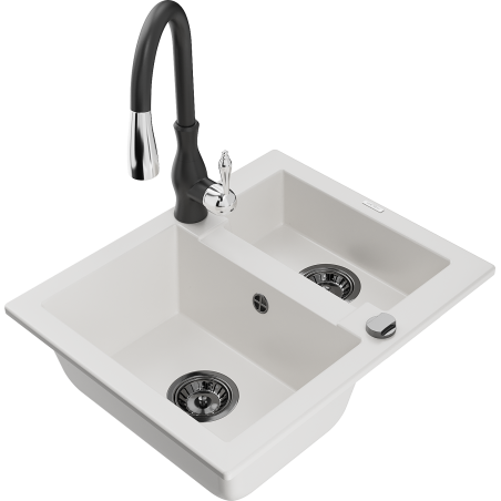 Mexen Carlos zlewozmywak granitowy 1,5-komorowy z baterią kuchenną Savita, biały - 6518-20-672601-70