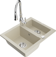 Mexen Carlos zlewozmywak granitowy 1,5-komorowy z baterią kuchenną Savita, beżowy - 6518-69-672601-00
