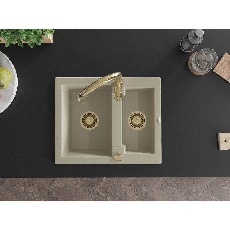 Mexen Carlos zlewozmywak granitowy 1,5-komorowy z baterią kuchenną Savita, beżowy - 6518-69-672601-50